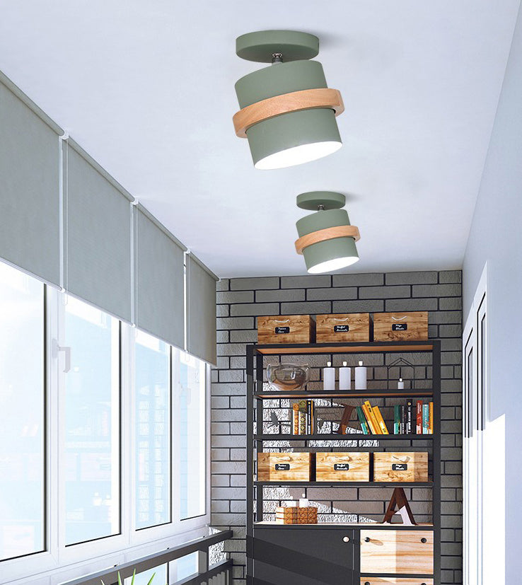 Modern Artistic Ceiling Light Wooden Geometric Semi Flush Mount with Wrought Iron Shade