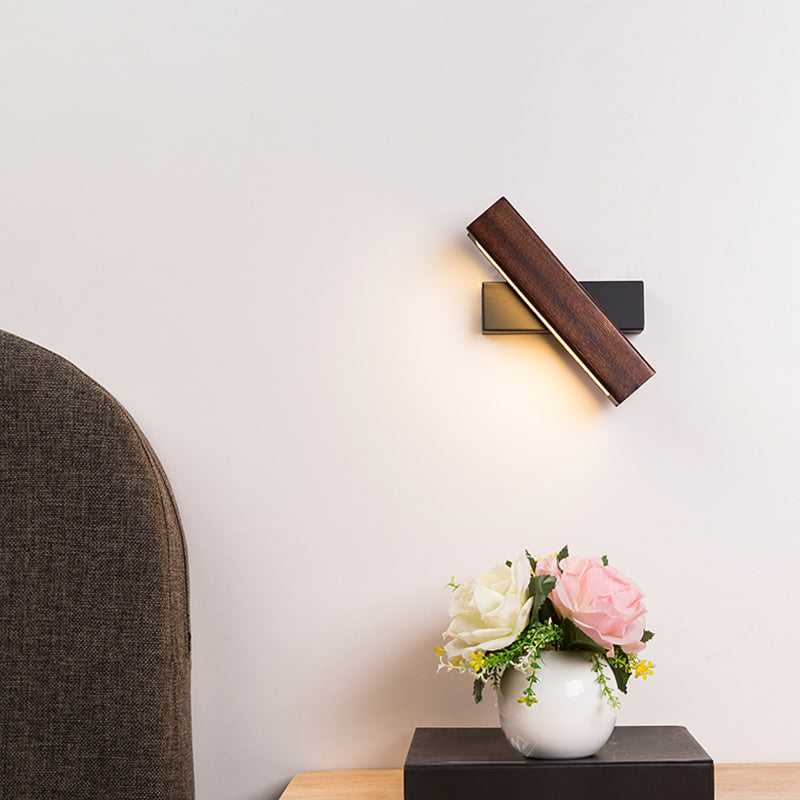 Log Color LED Wall Sconce in Modern Concise Style Wrought Iron Rectangular Rotatable Wall Lamp with Wooden Shade