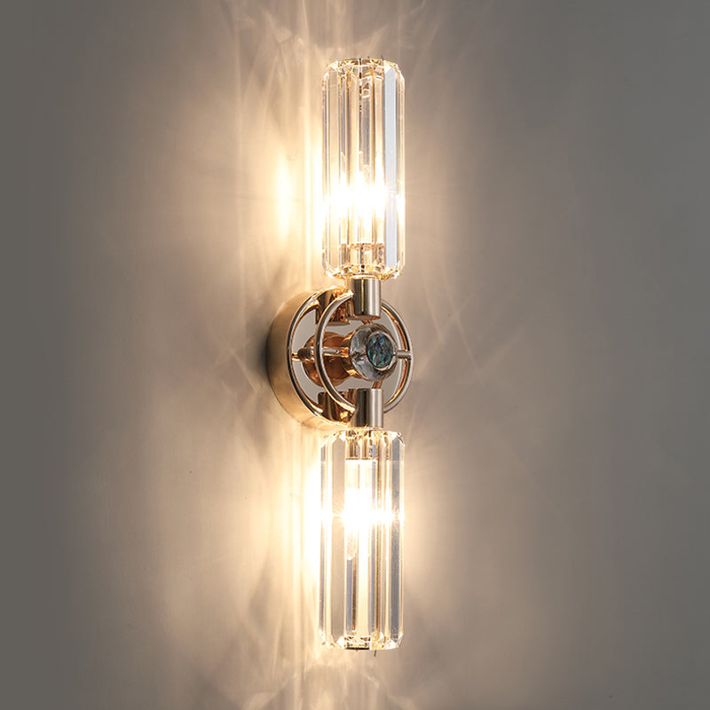 Gold Cylindrical Wall Lamp in Modern Luxury Style Wrought Iron 2-Light Wall Sconce with Crystal Shade