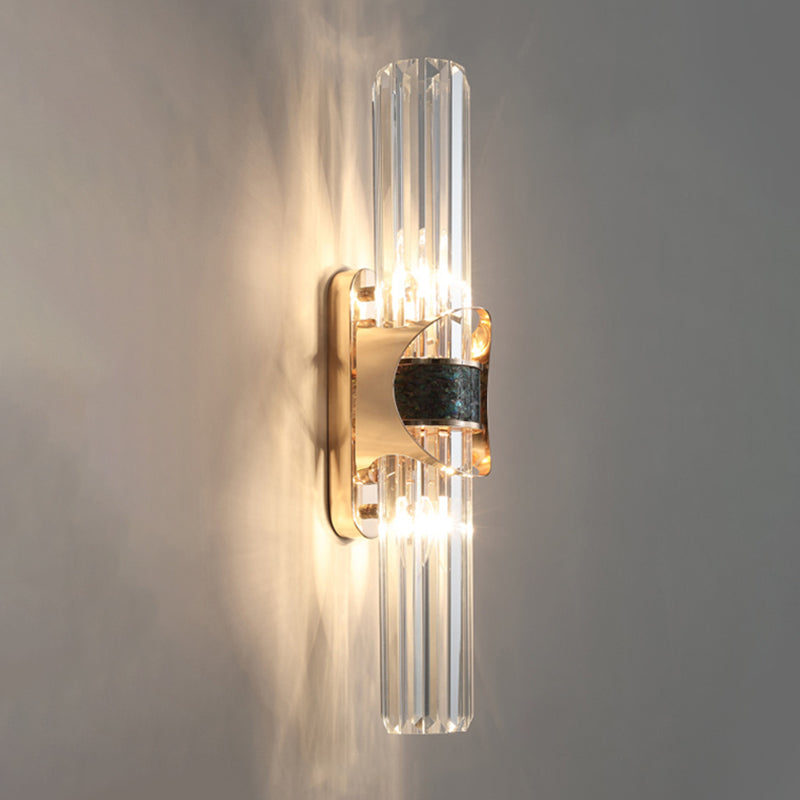 Gold Cylindrical Wall Lamp in Modern Luxury Style Wrought Iron 2-Light Wall Sconce with Crystal Shade