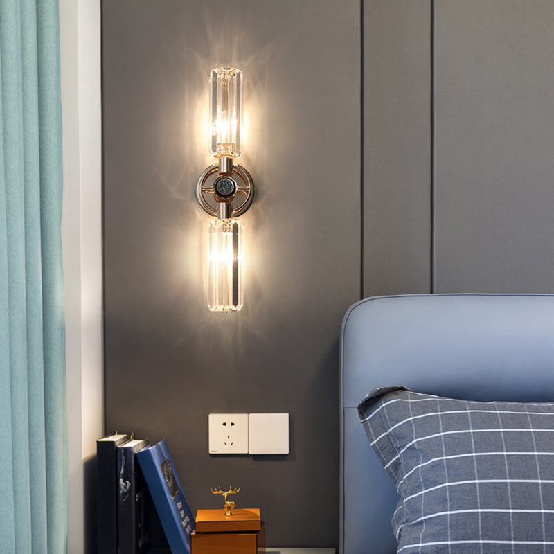 Gold Cylindrical Wall Lamp in Modern Luxury Style Wrought Iron 2-Light Wall Sconce with Crystal Shade