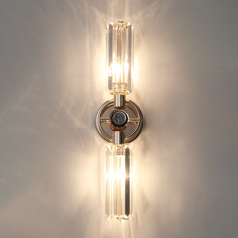 Gold Cylindrical Wall Lamp in Modern Luxury Style Wrought Iron 2-Light Wall Sconce with Crystal Shade
