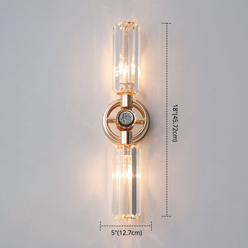 Gold Cylindrical Wall Lamp in Modern Luxury Style Wrought Iron 2-Light Wall Sconce with Crystal Shade
