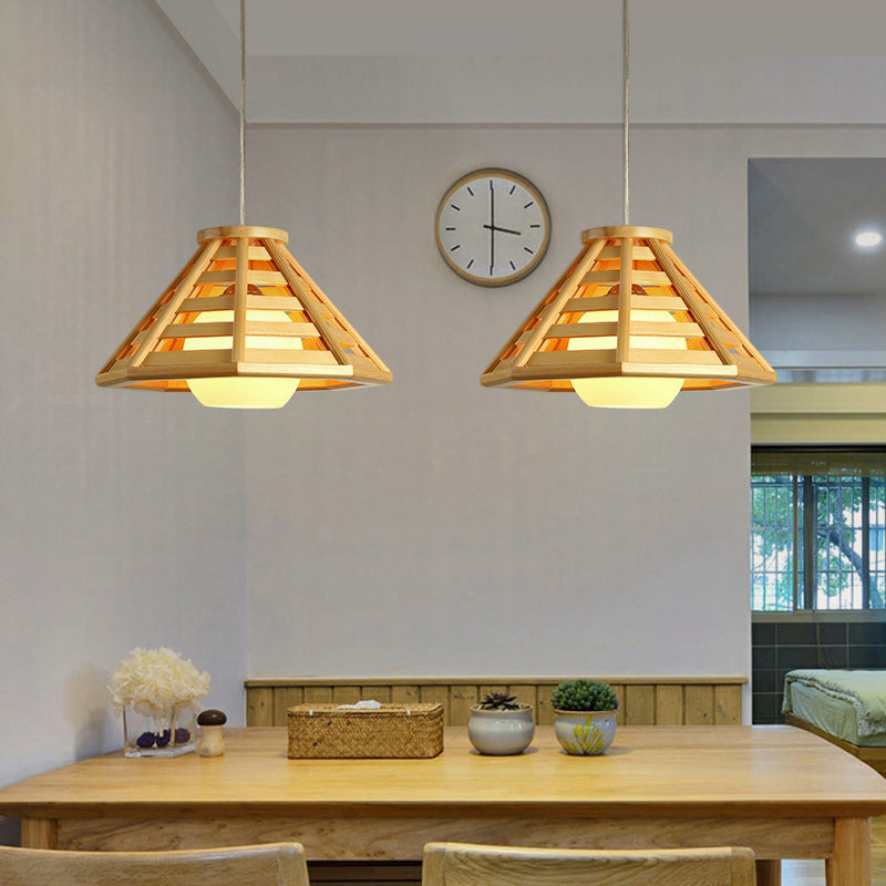 Log Color Truncated Cone Hanging Lamp in Modern Simplicity Wooden Pendant Light with Glass Shade