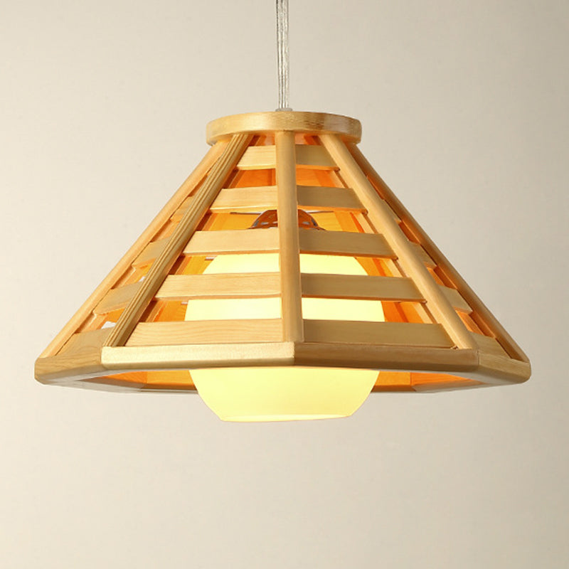 Log Color Truncated Cone Hanging Lamp in Modern Simplicity Wooden Pendant Light with Glass Shade