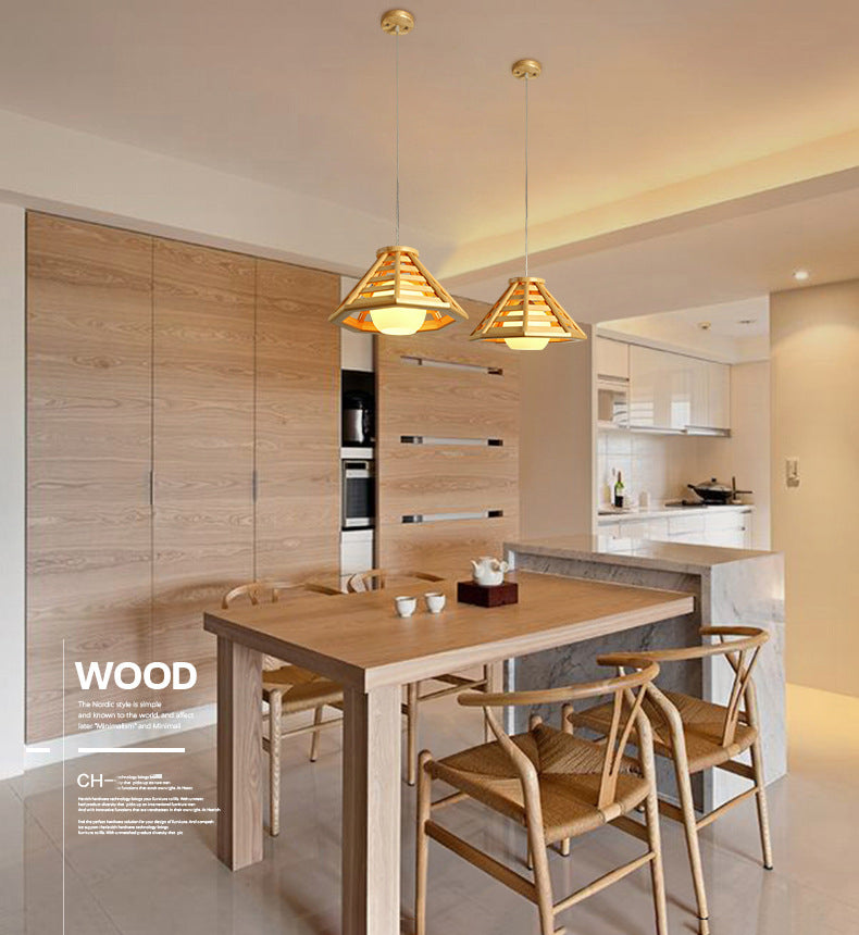 Log Color Truncated Cone Hanging Lamp in Modern Simplicity Wooden Pendant Light with Glass Shade