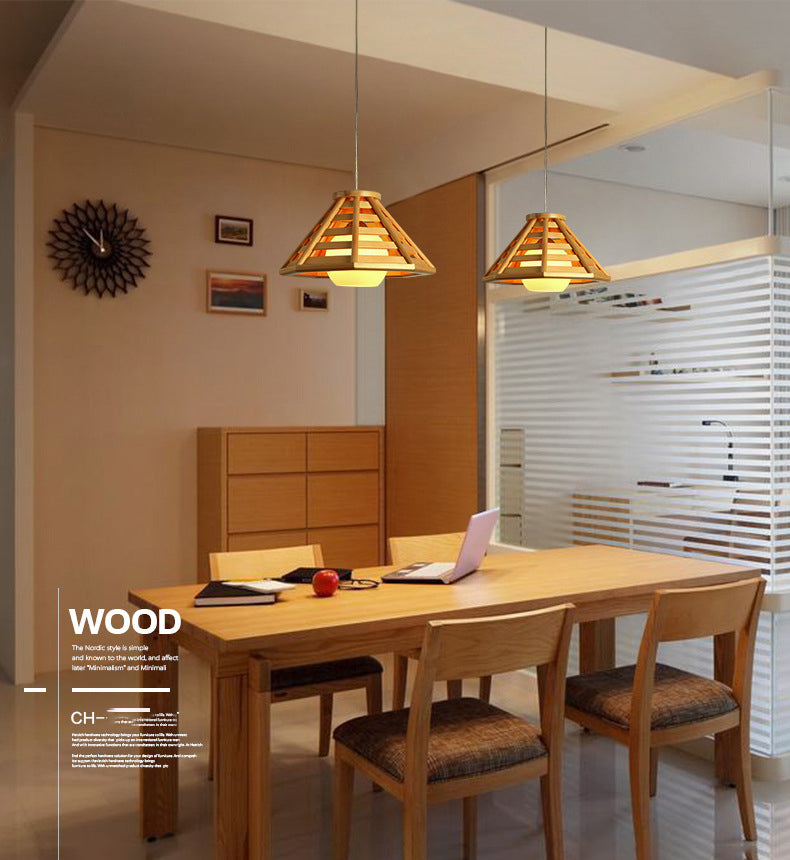 Log Color Truncated Cone Hanging Lamp in Modern Simplicity Wooden Pendant Light with Glass Shade