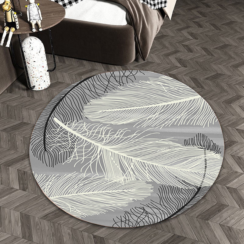 Round Multicolor Modern Area Rug Polyester Feather Print Rug Easy Care Indoor Rug for Living Room