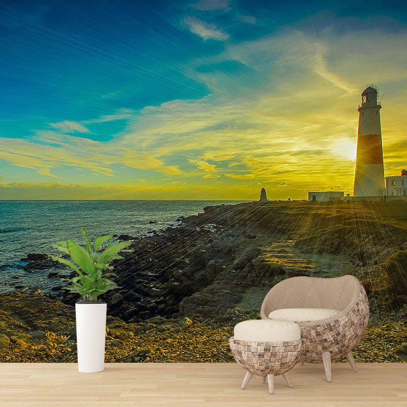Photography Nautical Mural Wallpaper Lighthouse Scene Soft Color Wall Decor for Bathroom