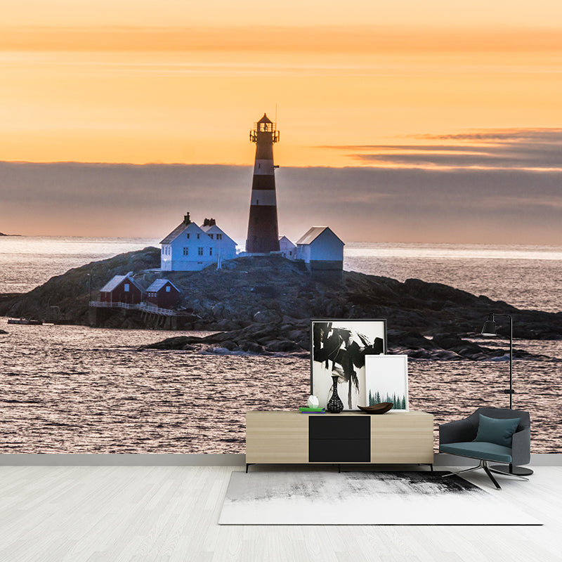 Photography Nautical Mural Wallpaper Lighthouse Scene Soft Color Wall Decor for Bathroom