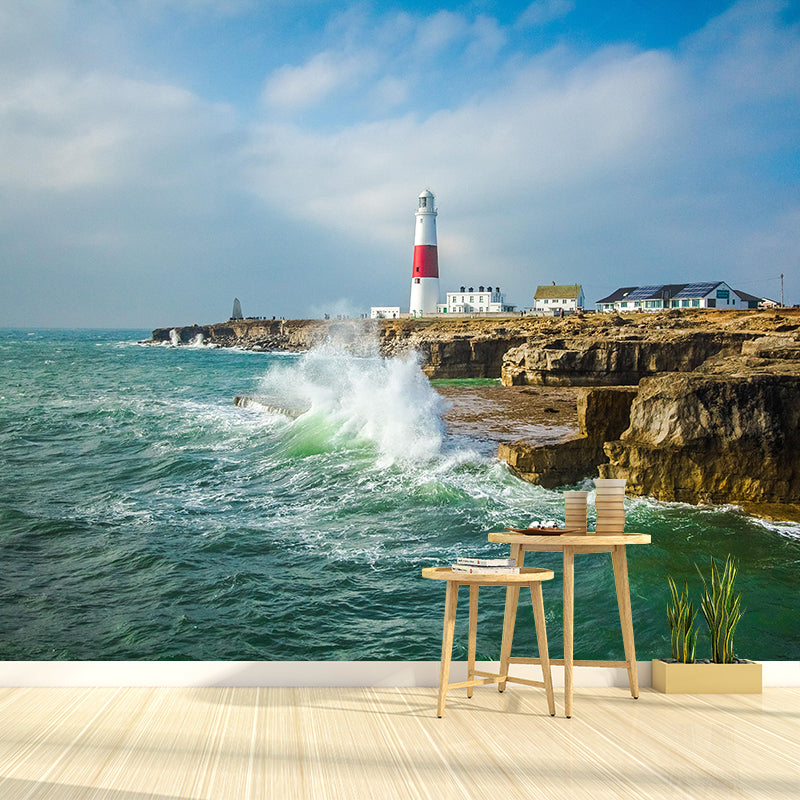 Photography Nautical Mural Wallpaper Lighthouse Scene Soft Color Wall Decor for Bathroom