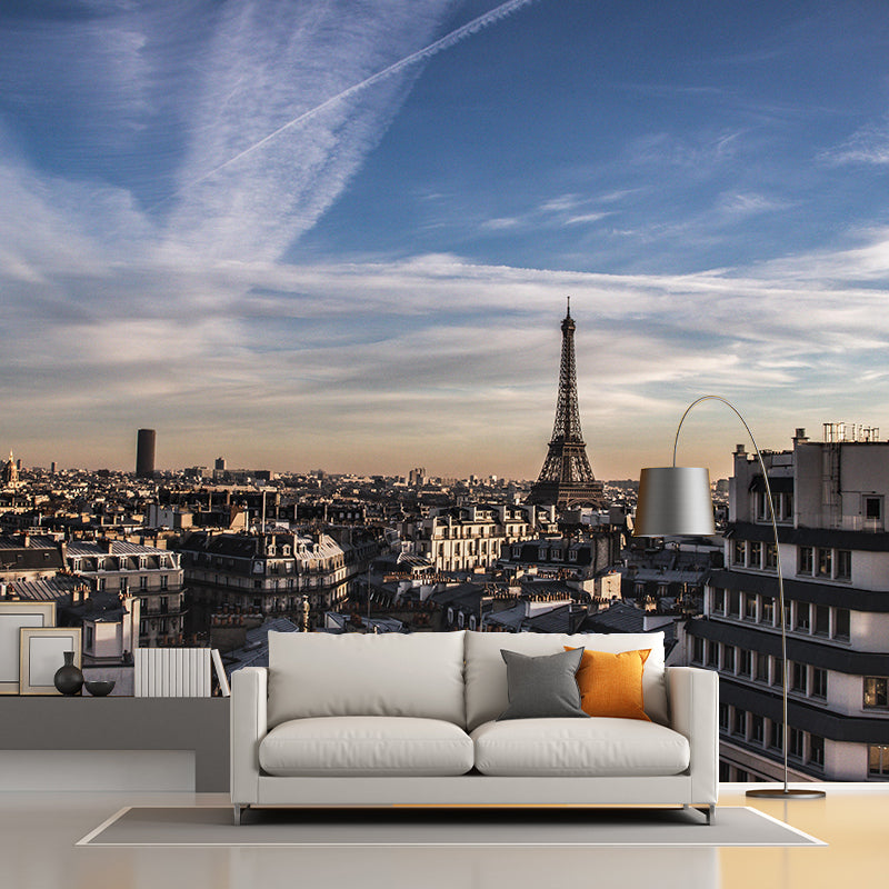 Romantic Paris Cityscape Mural Wallpaper Soft Color Moisture Resistant Wall Decor for Room