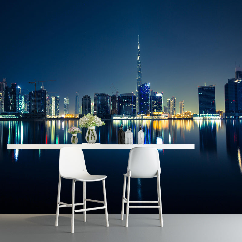 Dubai Night City View Mural Bright Stain Resistant Wall Covering for Living Room