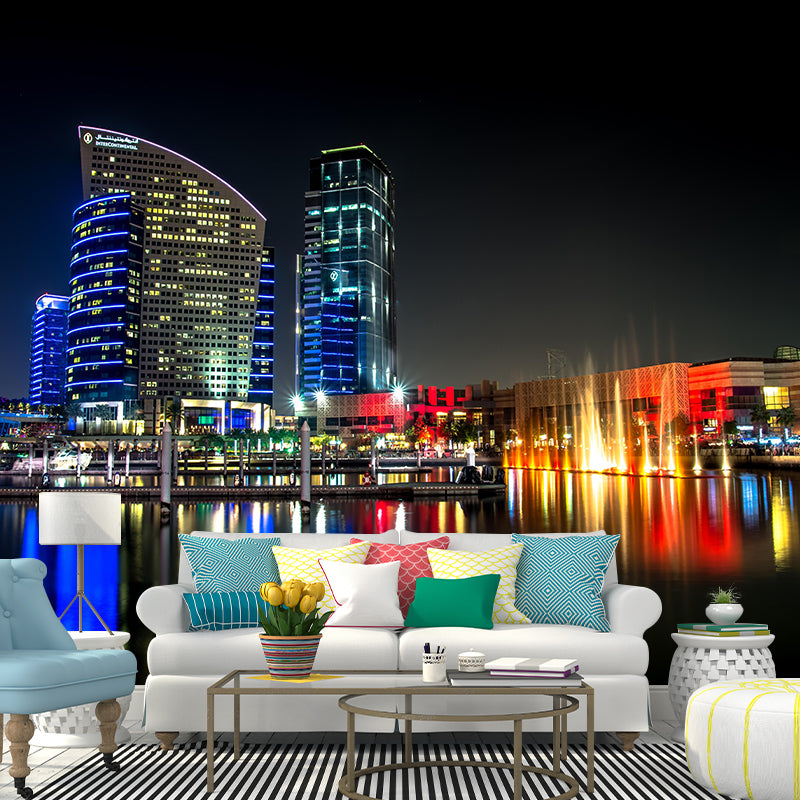 Dubai Night City View Mural Bright Stain Resistant Wall Covering for Living Room