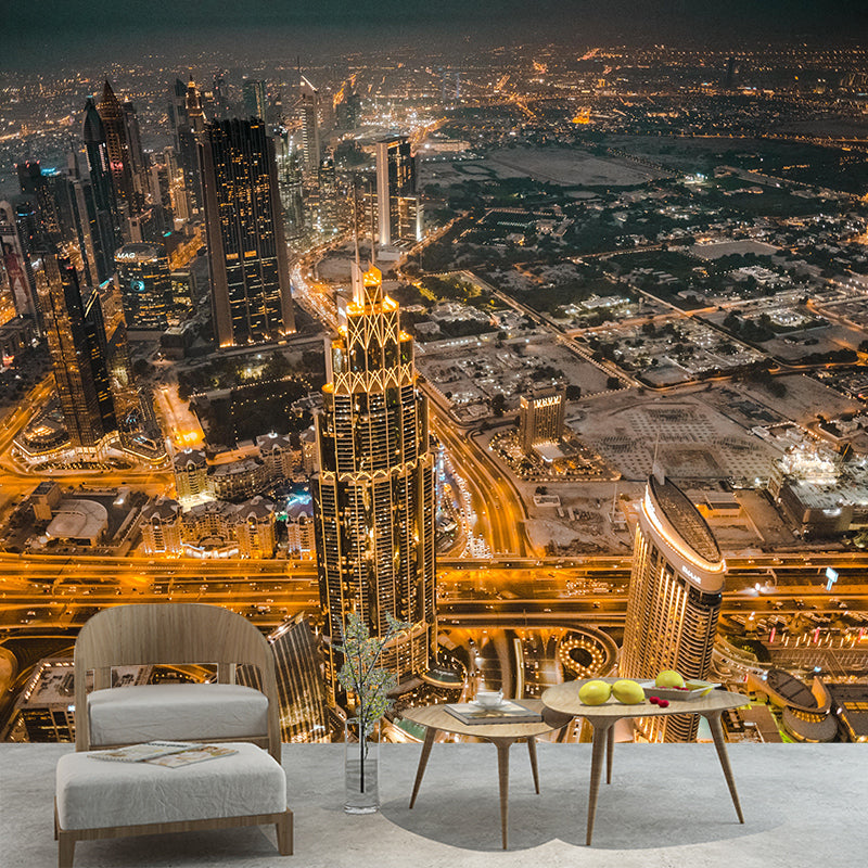 Dubai Night City View Mural Bright Stain Resistant Wall Covering for Living Room