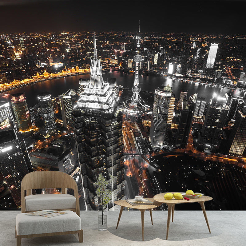 Shanghai Cityscape Mural Wallpaper Dark Color Moisture Resistant Wall Decor for Room