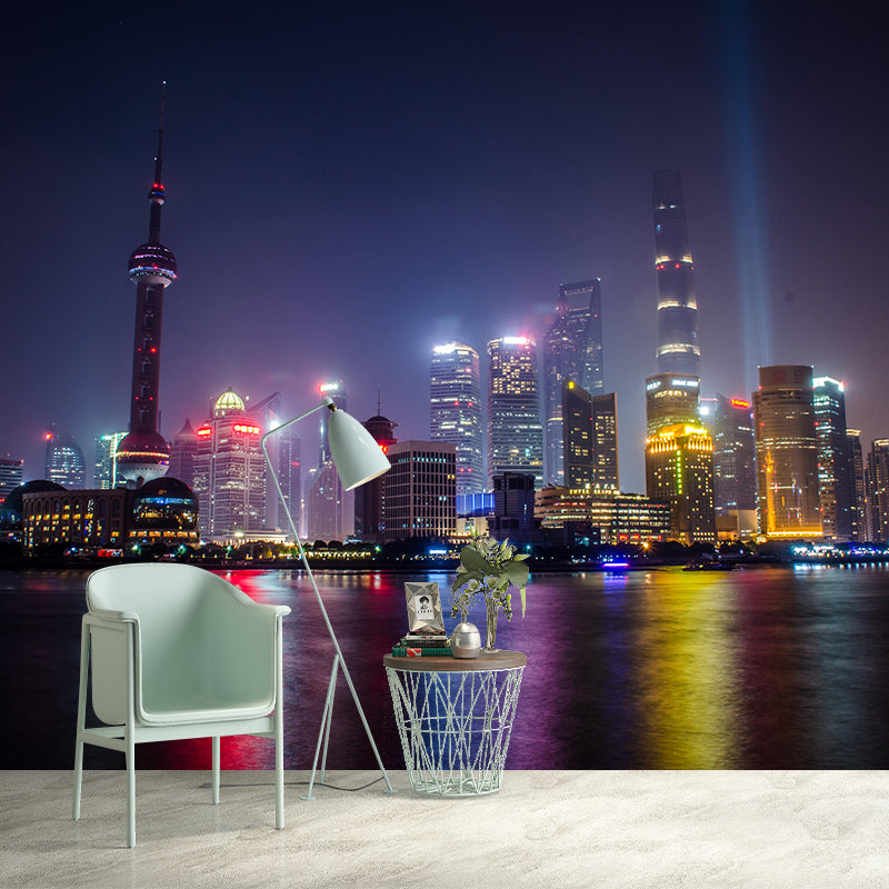 Shanghai Cityscape Mural Wallpaper Dark Color Moisture Resistant Wall Decor for Room