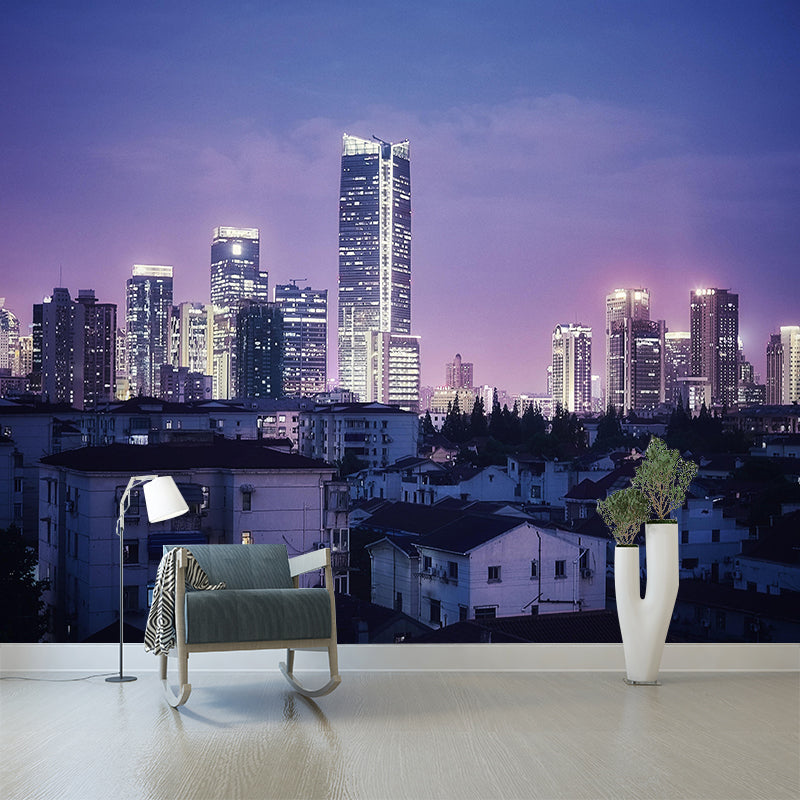 Shanghai Cityscape Mural Wallpaper Dark Color Moisture Resistant Wall Decor for Room