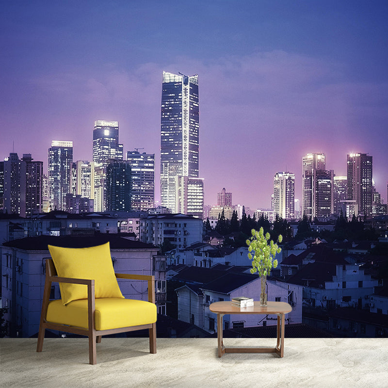 Shanghai Cityscape Mural Wallpaper Dark Color Moisture Resistant Wall Decor for Room