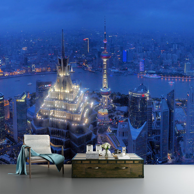 Shanghai Cityscape Mural Wallpaper Dark Color Moisture Resistant Wall Decor for Room
