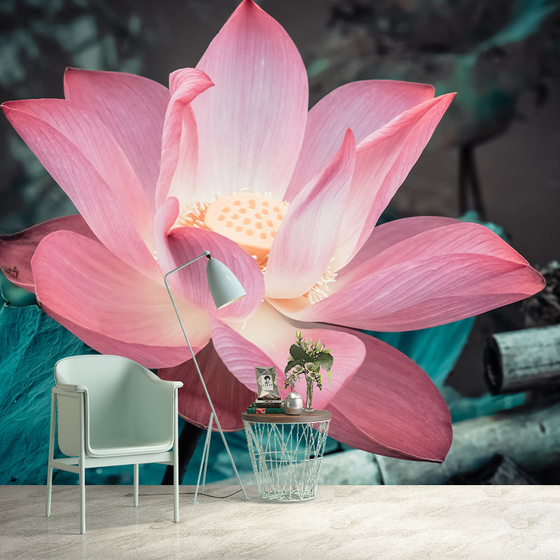 Pink Lotus Flower Photo Removable Wall Mural Modern Style Wall Covering for Stairway