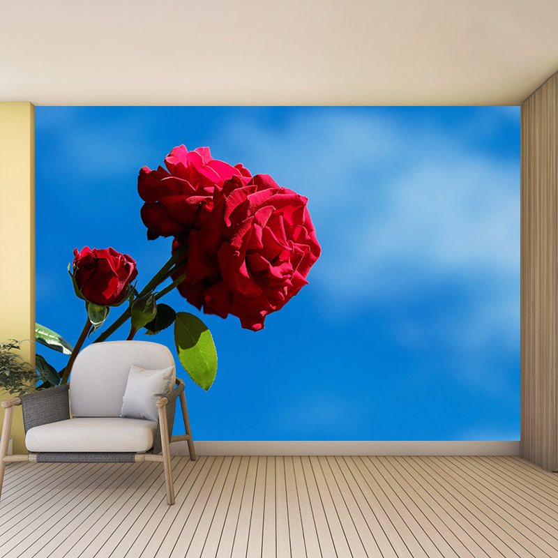 Elegant Rose Flower Photo Mural Modern Smooth Wall Covering in Red, Water Resistant