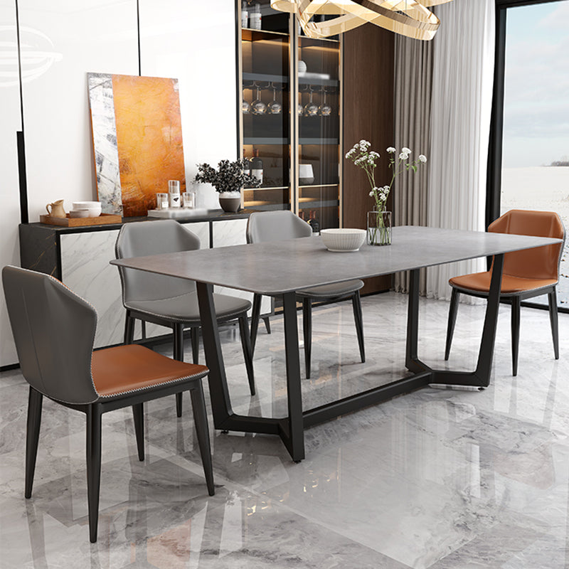 Contemporary Slate Rectangle Dining Furniture Double Pedestal Kitchen Set in Black Finish