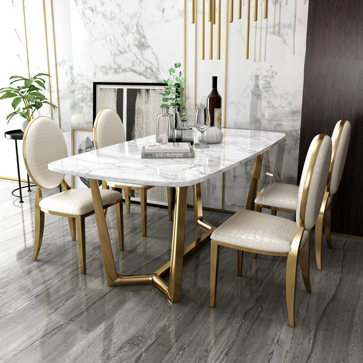 Modern Style Marble Dining Room Set with White Table and Gold Trestle Base for Home Use