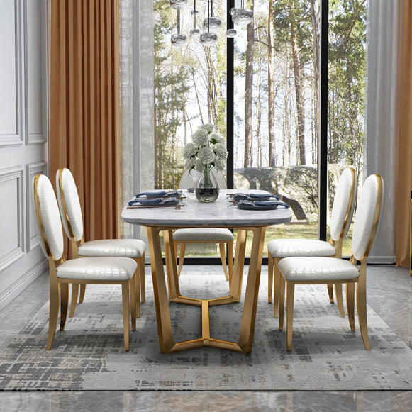 Modern Style Marble Dining Room Set with White Table and Gold Trestle Base for Home Use