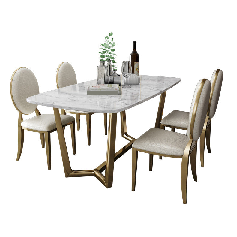 Modern Style Marble Dining Room Set with White Table and Gold Trestle Base for Home Use