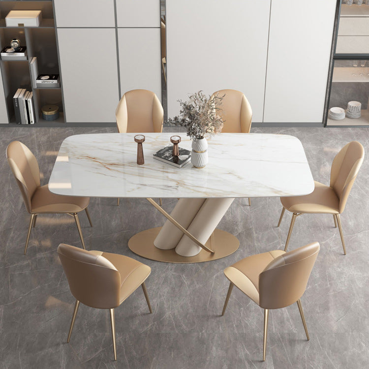 Modern Style Sintered Stone Dining Set with White Rectangle Shape Table and Trestle Base