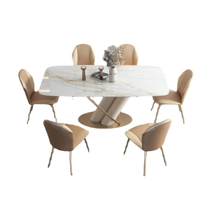 Set da pranzo in pietra sinterizzato in stile moderno con tavolo a forma di rettangolo bianco e base di cavalletto