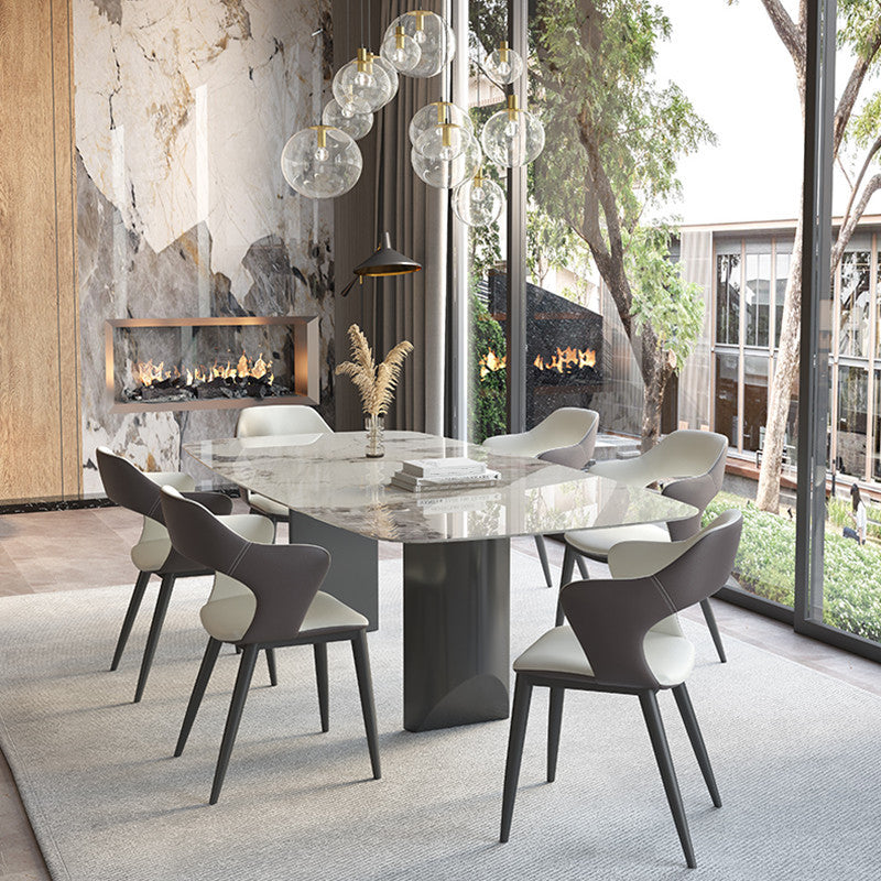 Juego de comedor de piedra sinterizada minimalista con muebles de cocina rectangulares y de base negra