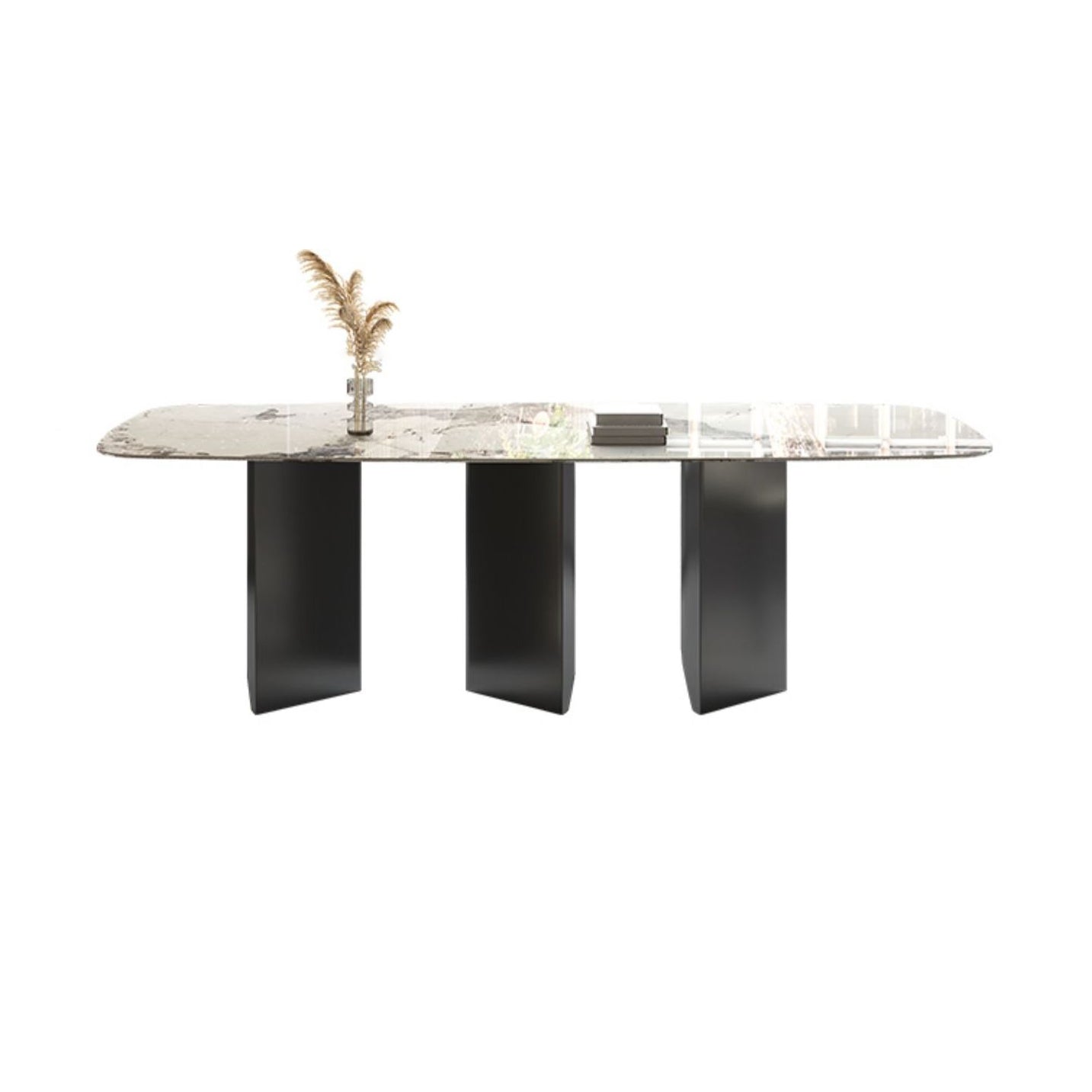 Juego de comedor de piedra sinterizada minimalista con muebles de cocina rectangulares y de base negra
