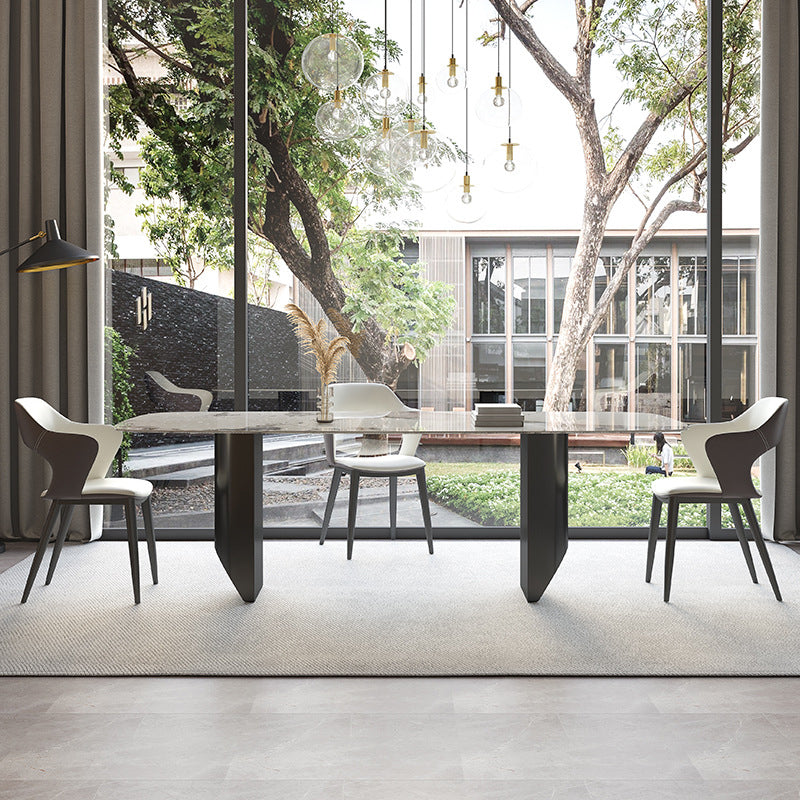 Juego de comedor de piedra sinterizada minimalista con muebles de cocina rectangulares y de base negra
