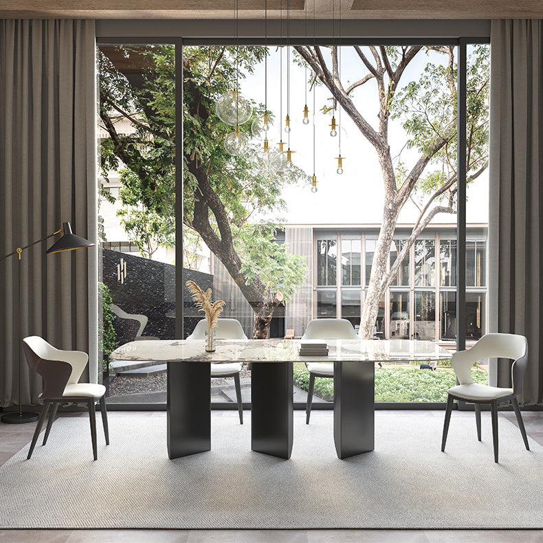 Juego de comedor de piedra sinterizada minimalista con muebles de cocina rectangulares y de base negra