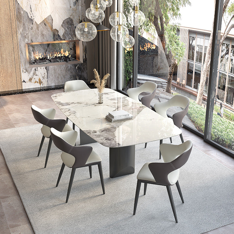 Juego de comedor de piedra sinterizada minimalista con muebles de cocina rectangulares y de base negra