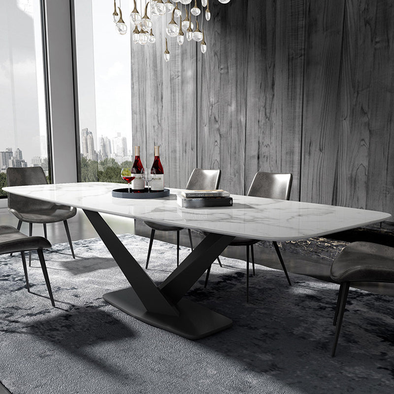 Ensemble de table à manger en pierre fritrée moderne avec table rectangle et jeu de restauration formelle de base de piédestal