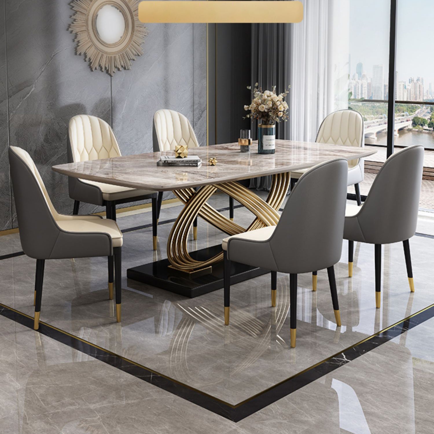 Fixed Contemporary Sintered Stone Kitchen Table Set with Pedestal Base Furniture for Home