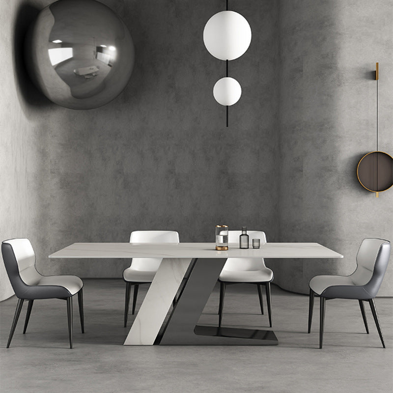 Modemia de comedor de piedra sinterizada con mesa rectangular y juego de comedor formal de base de metal