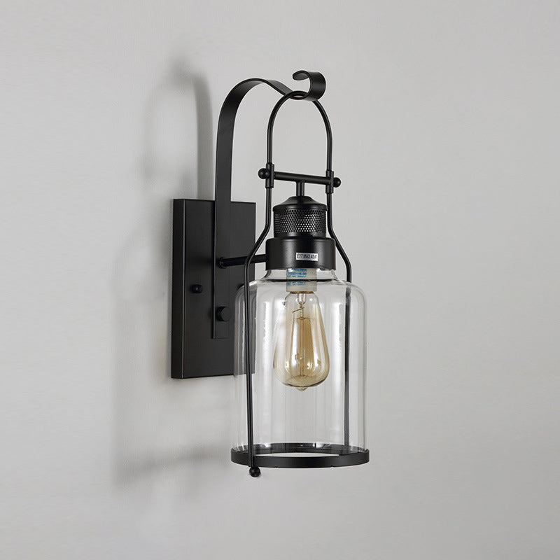 Black 1-Light Wall Mounted Light Fixture Industrial Clear Glass Cylinder Sconce Lamp