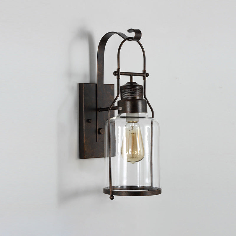 Black 1-Light Wall Mounted Light Fixture Industrial Clear Glass Cylinder Sconce Lamp