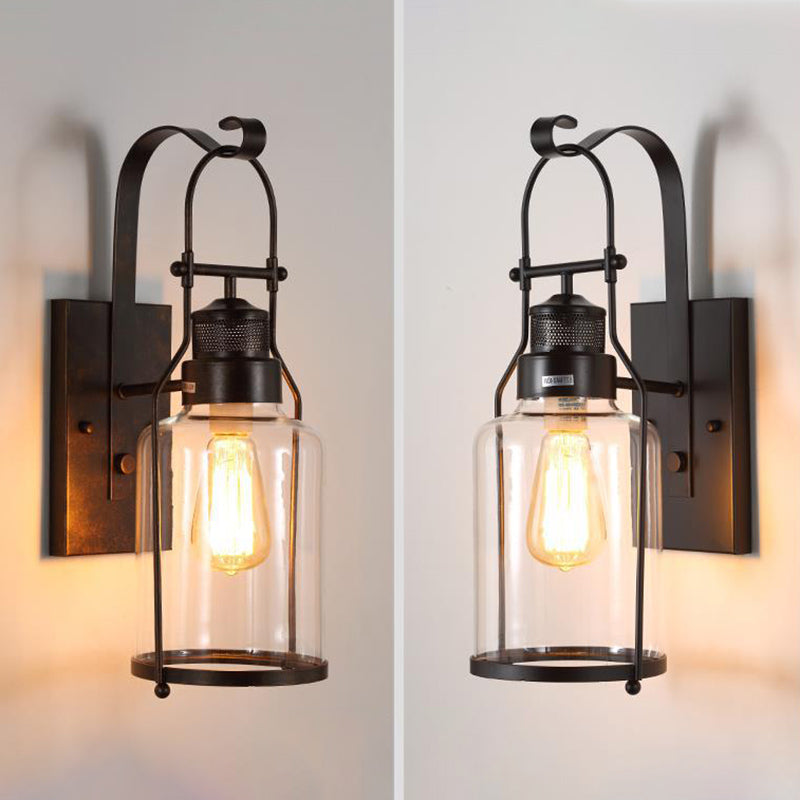 Schwarz 1-Licht-Wandmontage Leuchte Industrielle Clearglaszylinderlampe