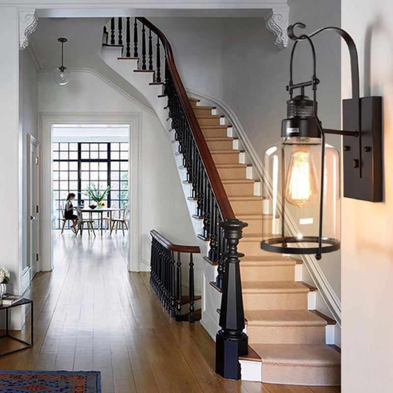 Schwarz 1-Licht-Wandmontage Leuchte Industrielle Clearglaszylinderlampe