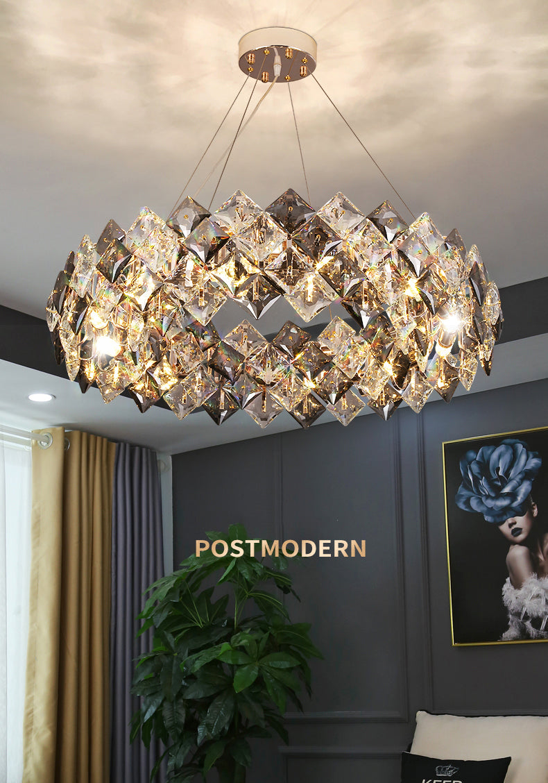 Contemporary Style Chandelier Lighting Fixtures Grey + Clear Crystal Hanging Lights for Living Room