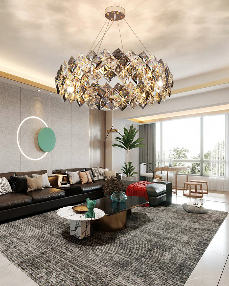 Contemporary Style Chandelier Lighting Fixtures Grey + Clear Crystal Hanging Lights for Living Room