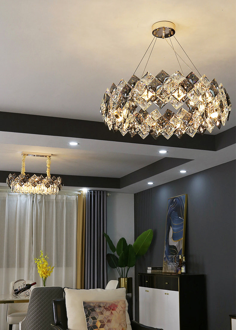 Contemporary Style Chandelier Lighting Fixtures Grey + Clear Crystal Hanging Lights for Living Room