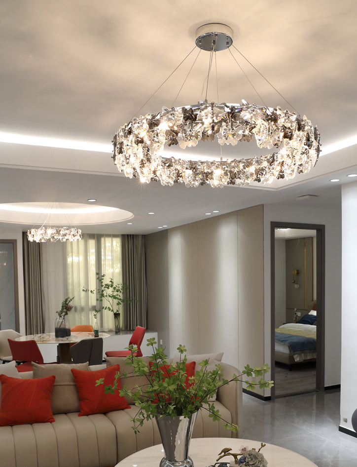 Flowering Butterfly Shape Crystal Circular Pendant Lamp for Living Room Bedroom