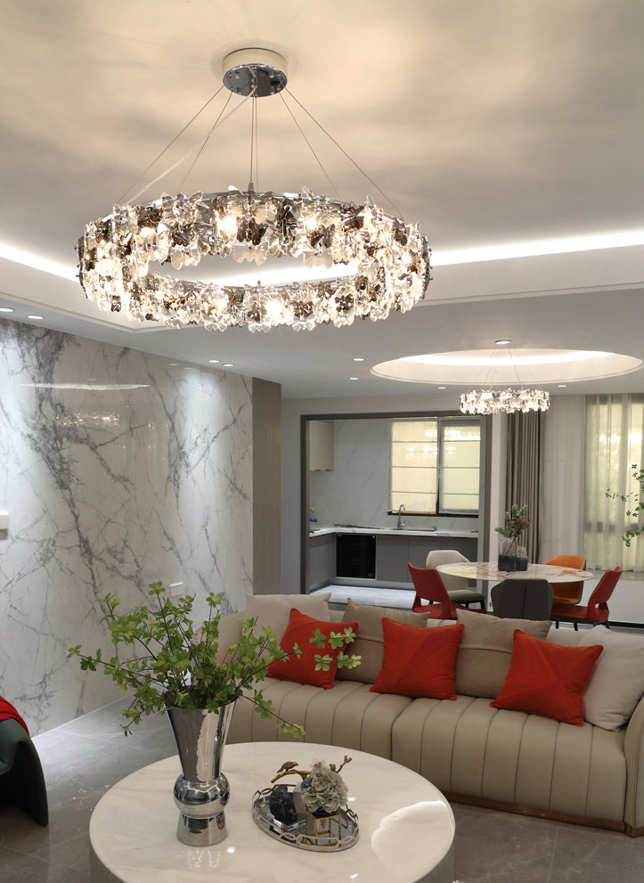 Flowering Butterfly Shape Crystal Circular Pendant Lamp for Living Room Bedroom