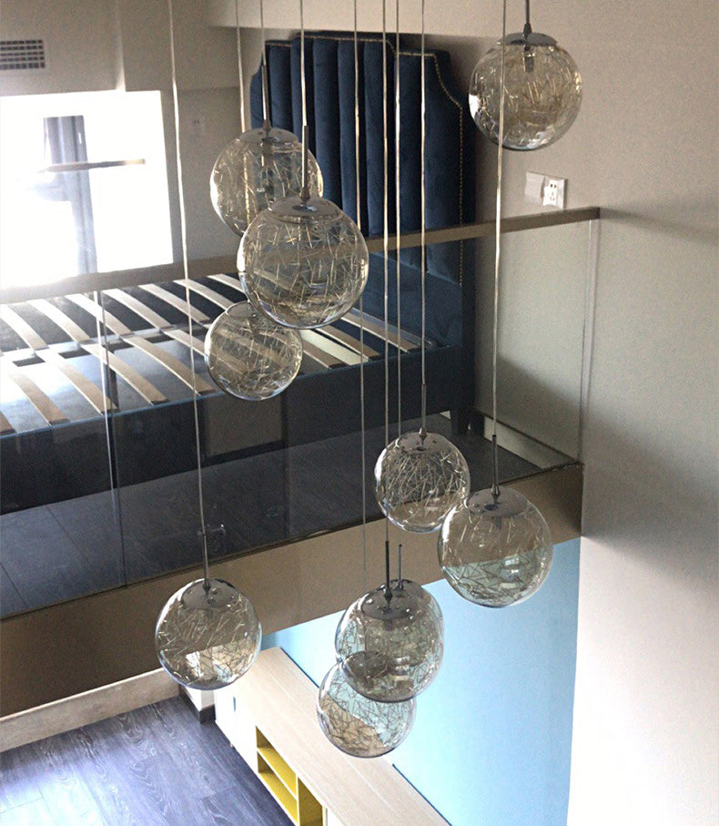 Modern Ball Pendant Clear Glass Multi Lights Hanging Ceiling Light for Spiral Stair